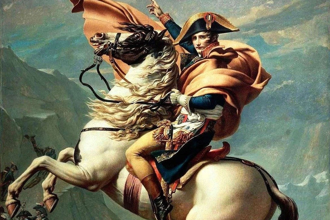 Representación idealizada de Napoleón Bonaparte a caballo señalando el camino a seguir al pueblo