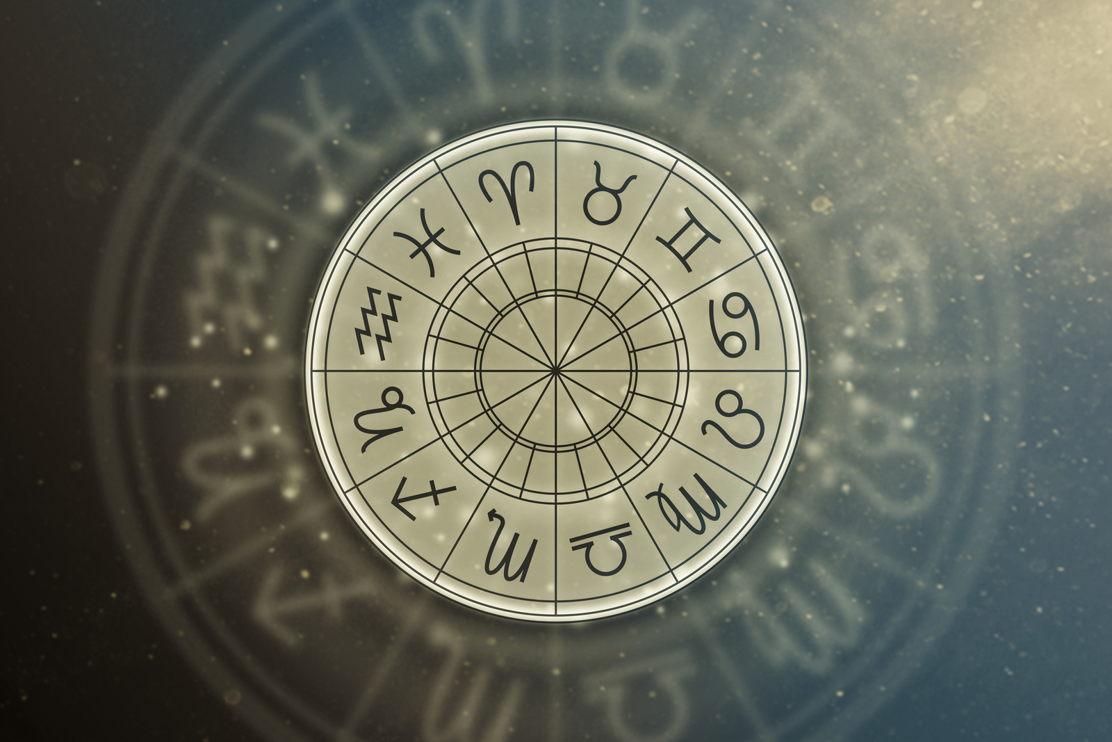 The 12 signs of the Zodiac on a grayish color wheel