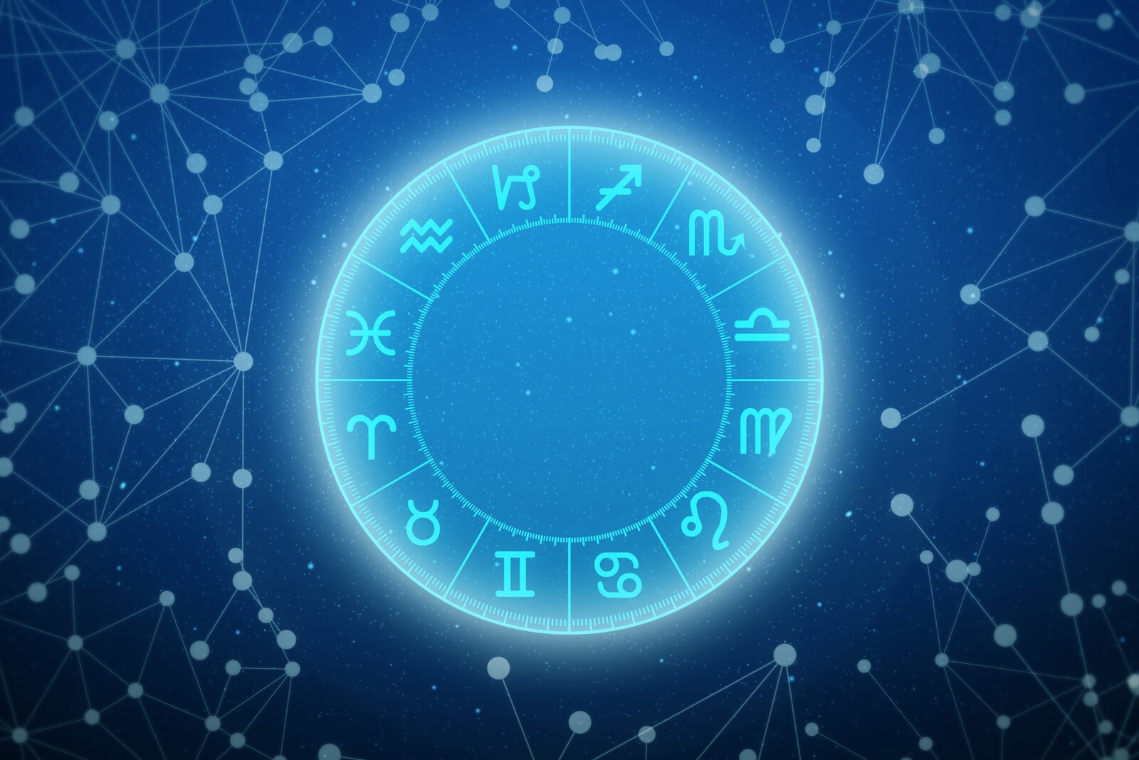 The 12 signs of the Zodiac on a neon blue wheel