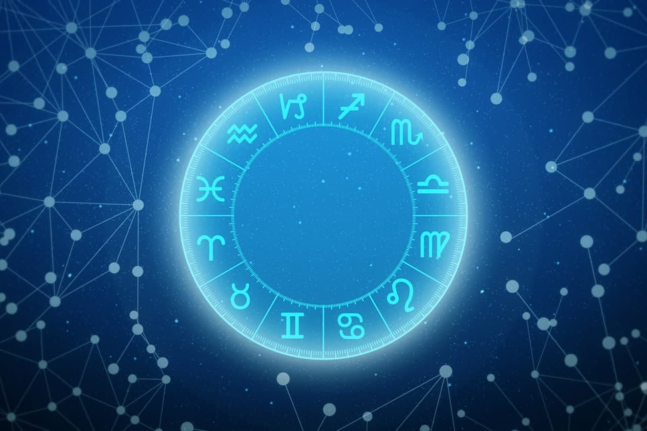 The 12 zodiac sign in a blue wheel